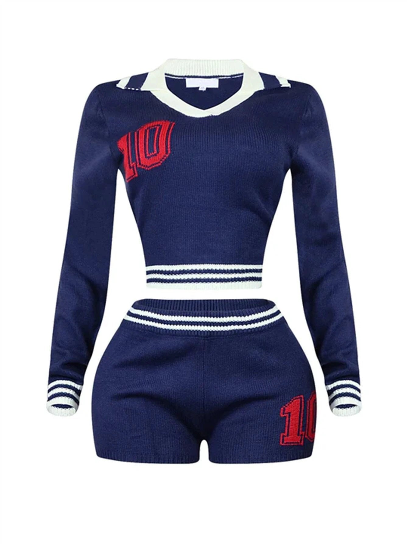 Lapel Girls Contrast Color Stretch Long Sleeve Top Shorts Suit Women by GJG Denim