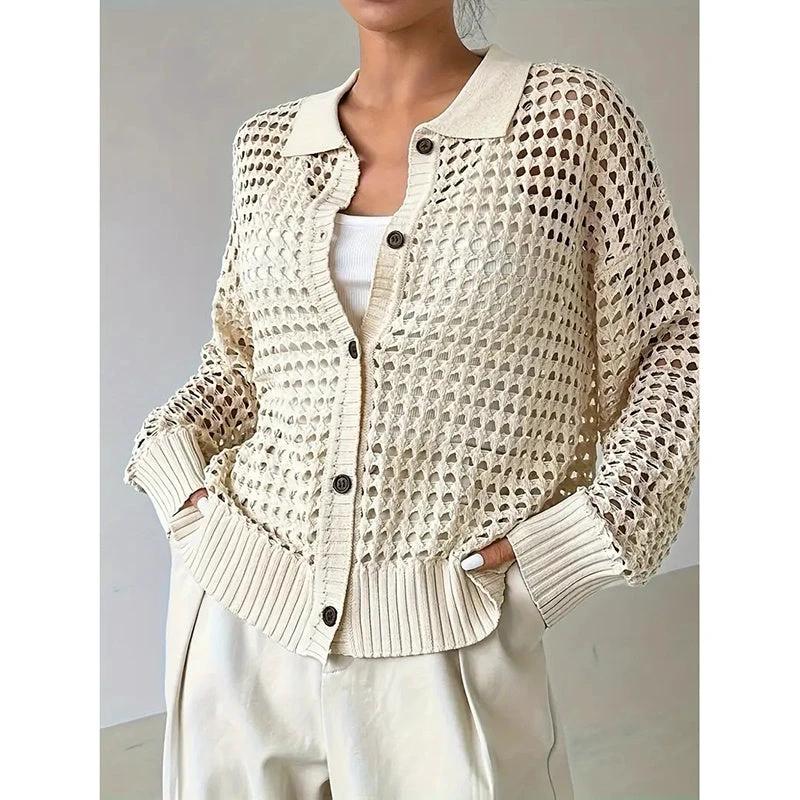 Women's Plus Size Cardigan Lightweight Hollow Out V-Neck Button Down Long Sleeve Knit Coat, 0XL-4XL by GJG Denim