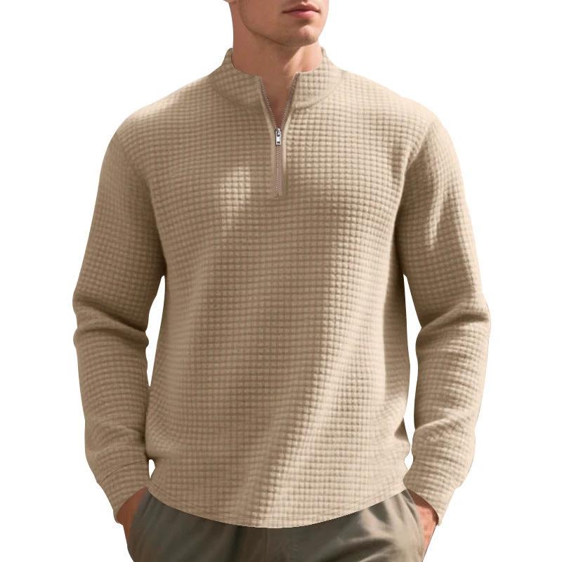 Men's Stand Collar Half Zip Small Plaid Sweater by GJG Denim