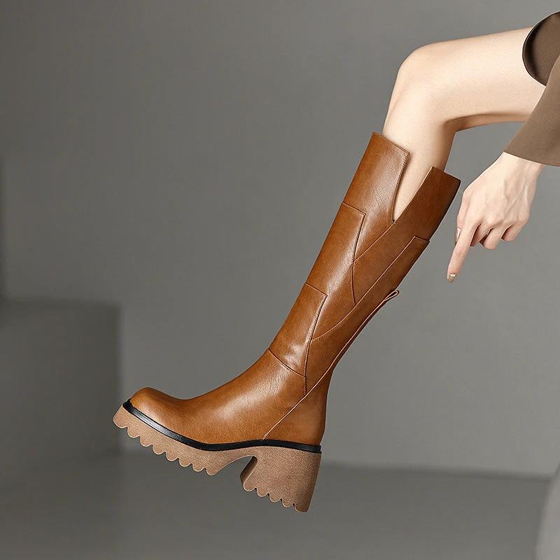 Brown Women's Platform Below The Knee Boots by GJG Denim