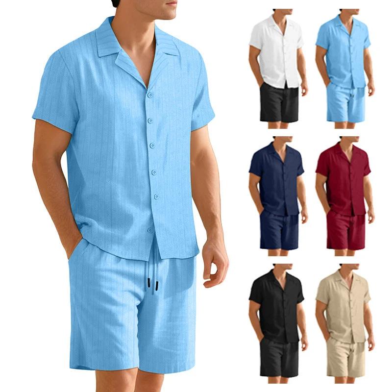 Men's Casual Button-Down Short-Sleeve Shirt And Shorts Set by GJG Denim