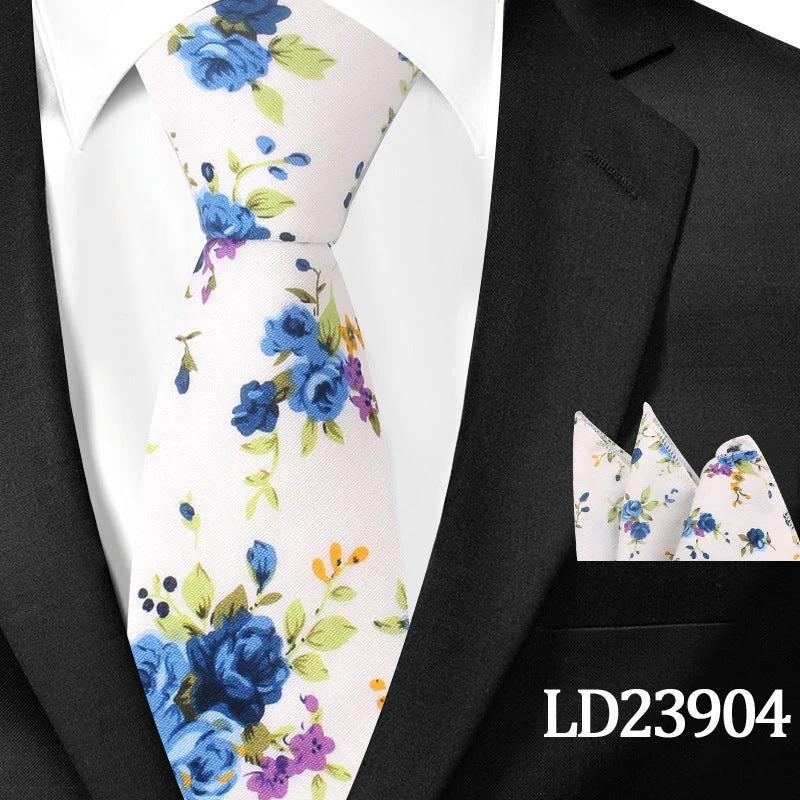 Men's Casual Cotton Floral Print 6cm Tie and Pocket Square by GJG Denim