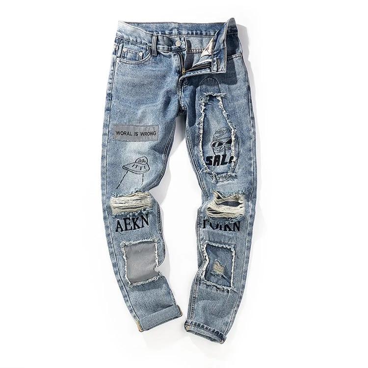 Knee Hole Patch Cloth Jeans For Men by GJG Denim