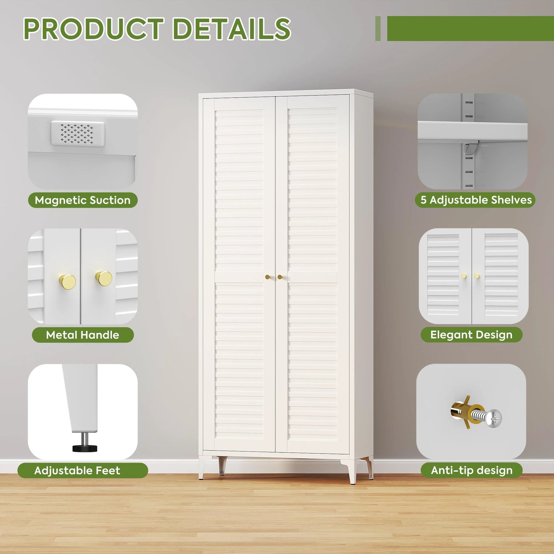 74inch H Metal Storage Cabinets With 5 Shelves, For Bathroom, Required Assembly, White by GJG Denim