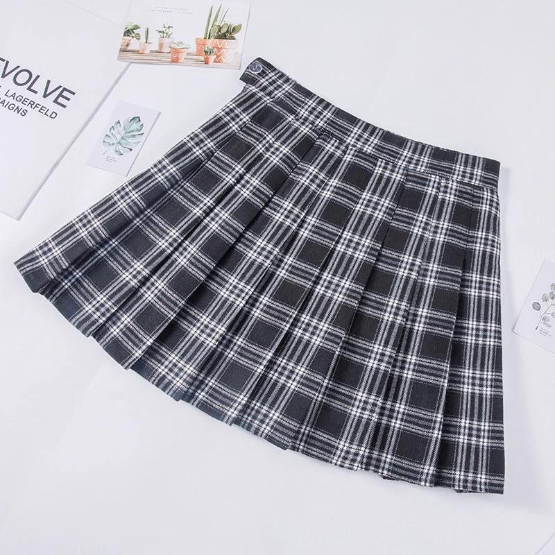 Plaid Pleated Skirt Women's Autumn And Winter High Waist Short by GJG Denim