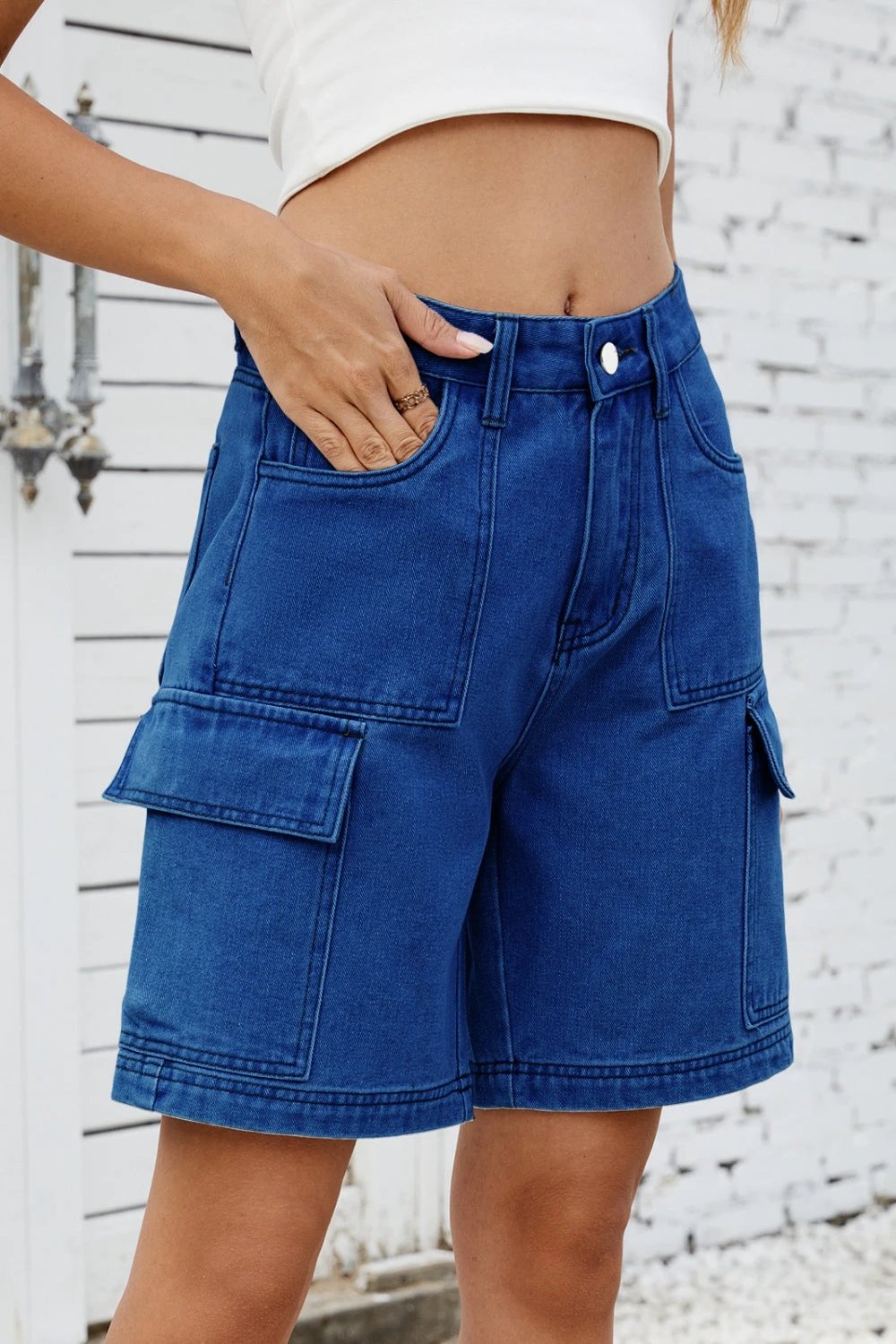 High Rise Denim Shorts with Cargo Pockets by Lady Ros
