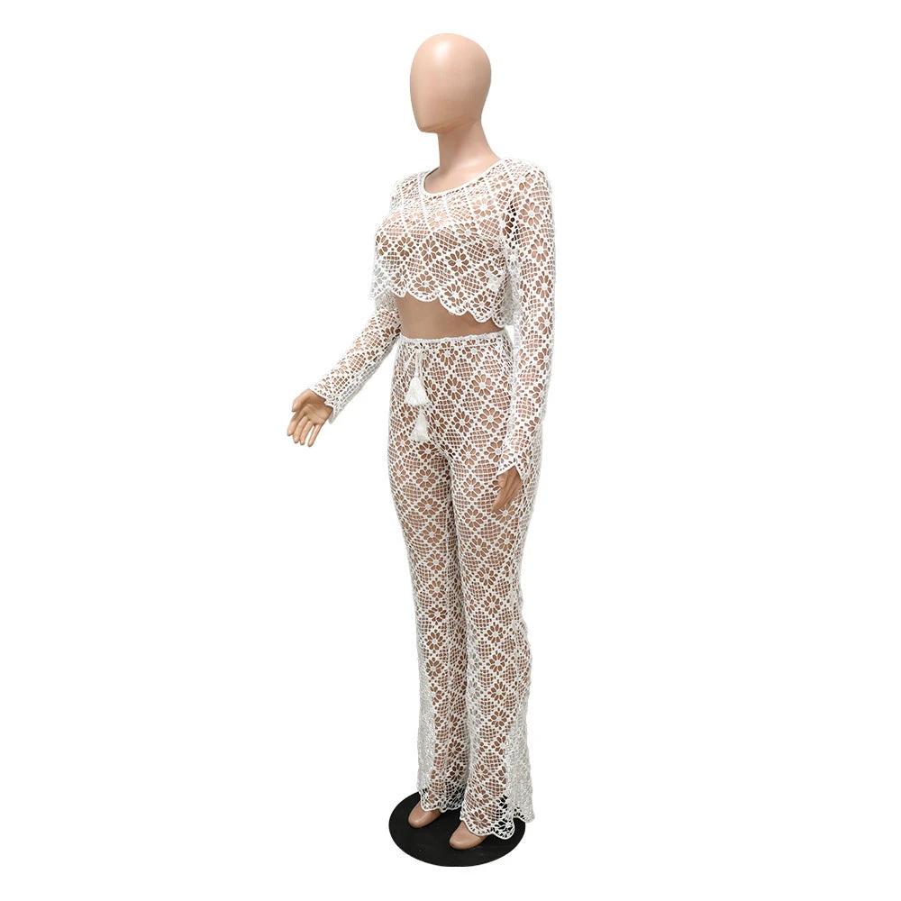 O-neck Short Top Bell-bottom Pants Lace Suit Without Lining by GJG Denim