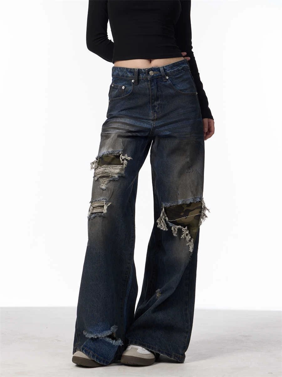 Distressed Camouflage Patch Ripped Jeans Women Loose Straight-leg Wide-leg Pants by GJG Denim
