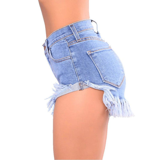 Blue High-waisted Feet Fringed Denim Shorts Women by GJG Denim