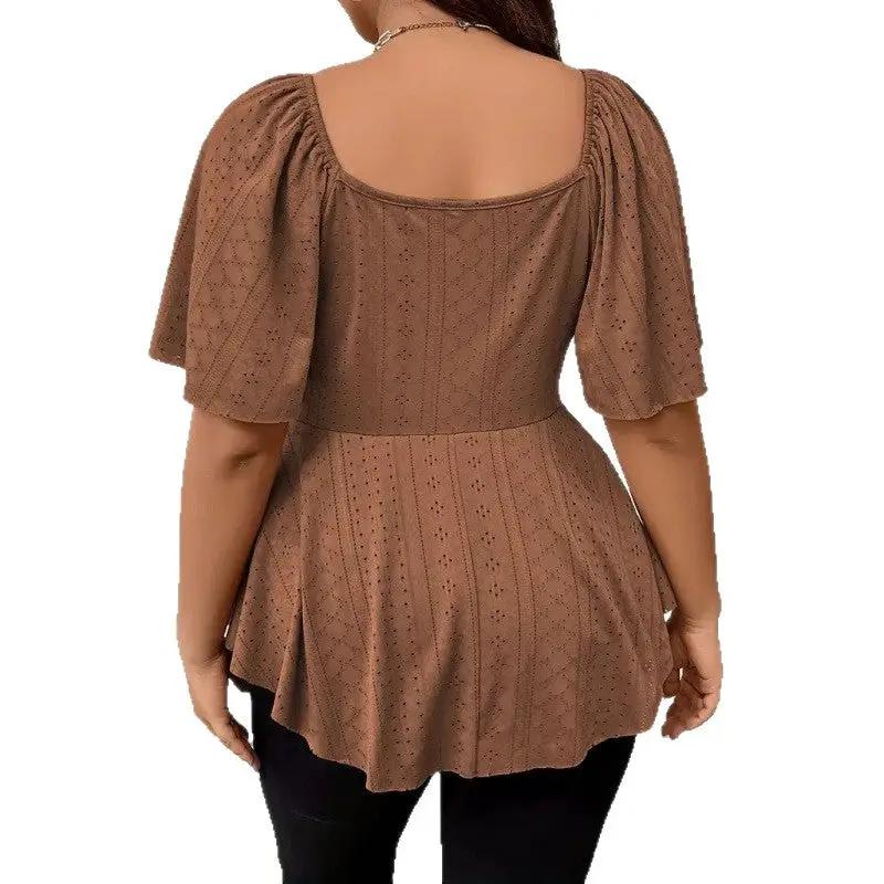 V-neck Drawstring-waist Sexy Short-sleeve Solid-color T-shirt by GJG Denim