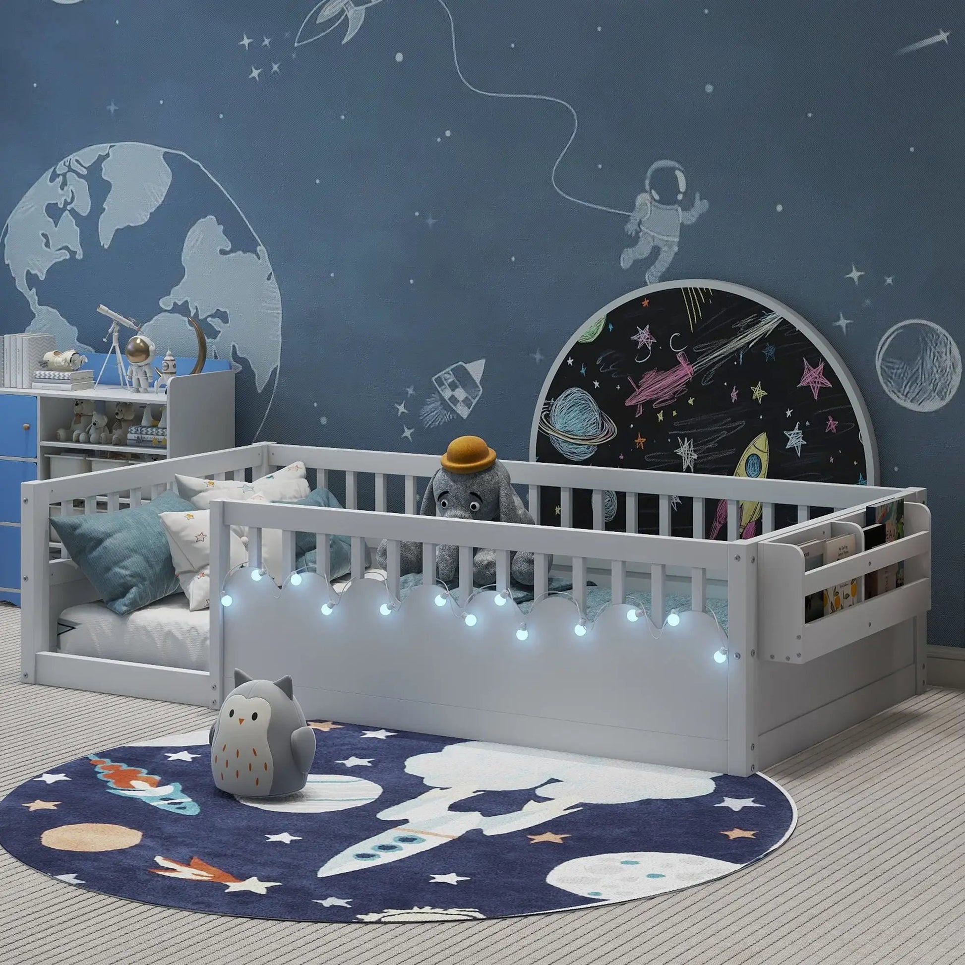 Twin Montessori Floor Bed Frame With High Rails, Wood Kids Floor Beds With Light And Storage Shelf, White by GJG Denim