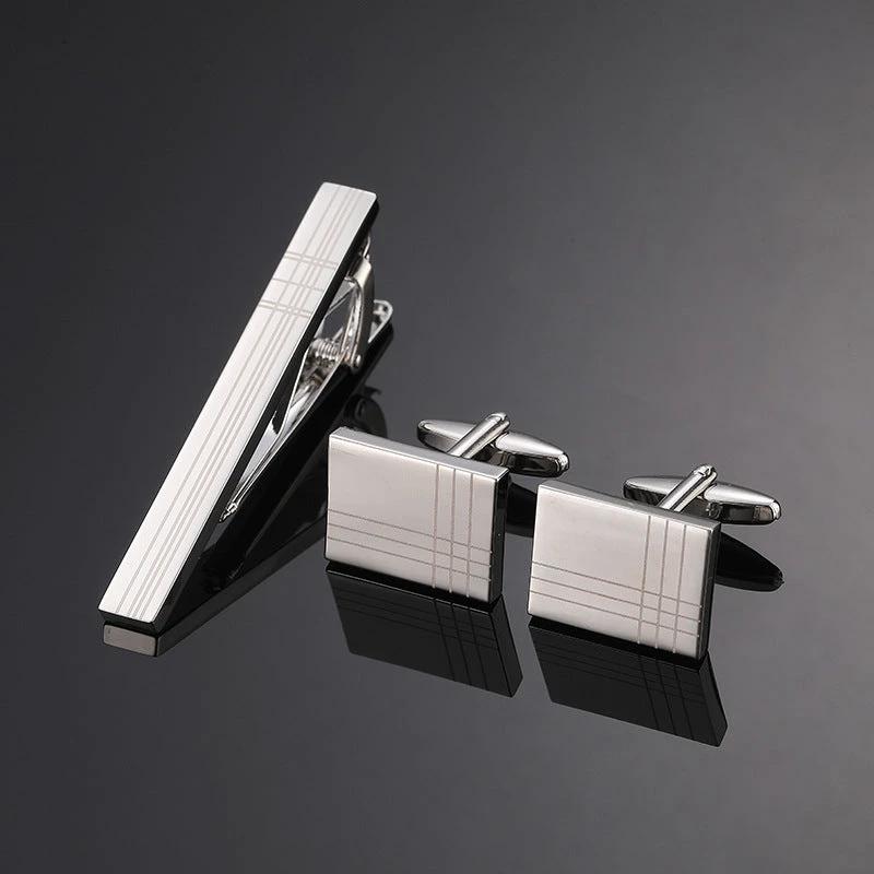 Gold Silver Black Square Brushed Tie Clip And Cufflinks by GJG Denim