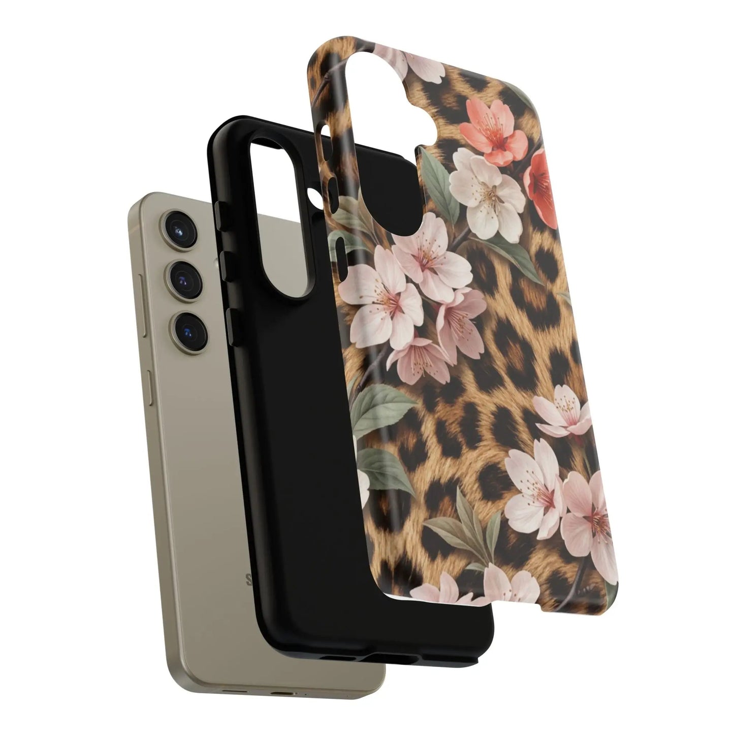 Leopard Floral Tough Case — Protective Phone Case with Pink Cherry Blossoms by Printify