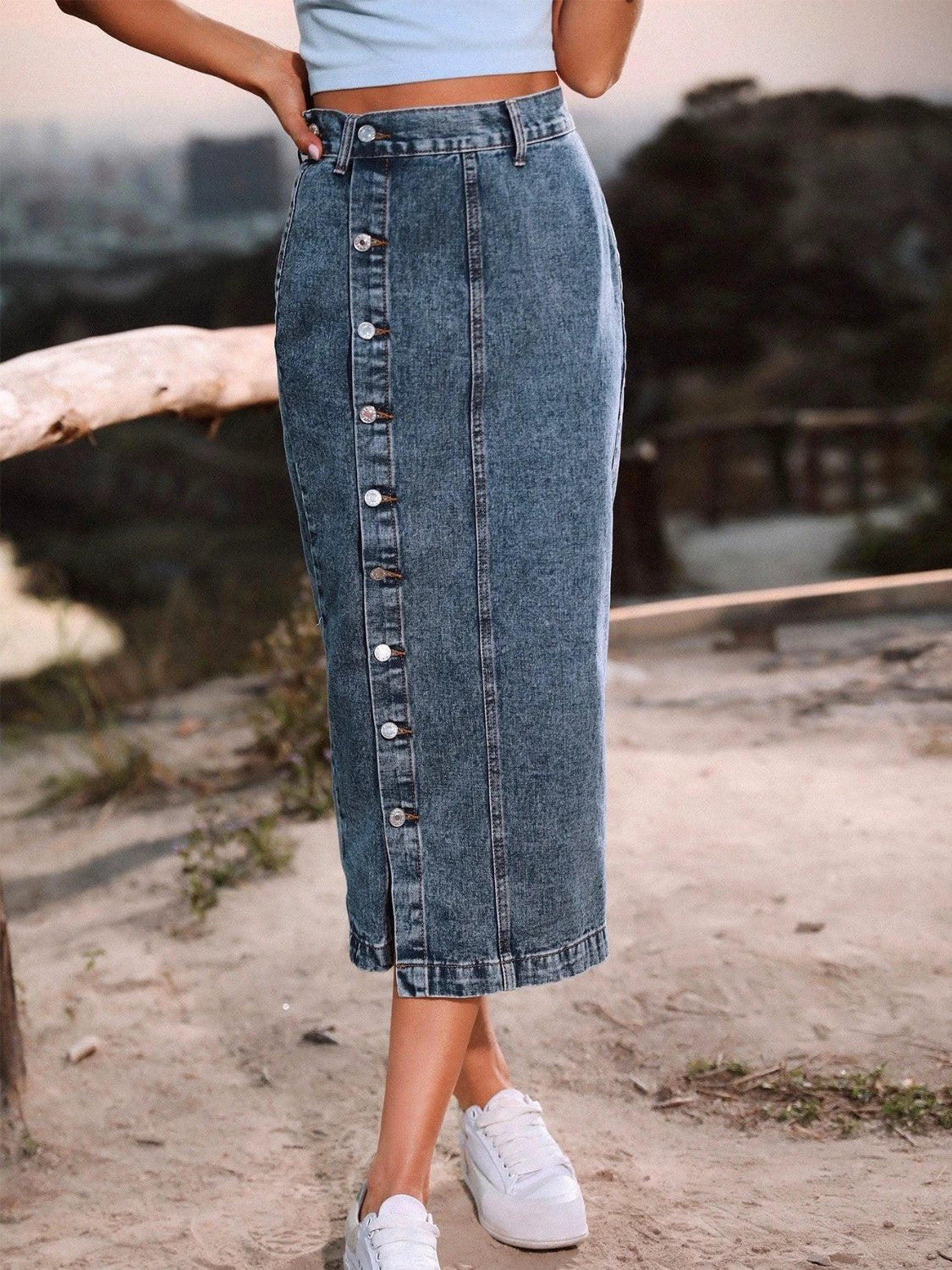 Button Down Denim Skirt by Lady Ros