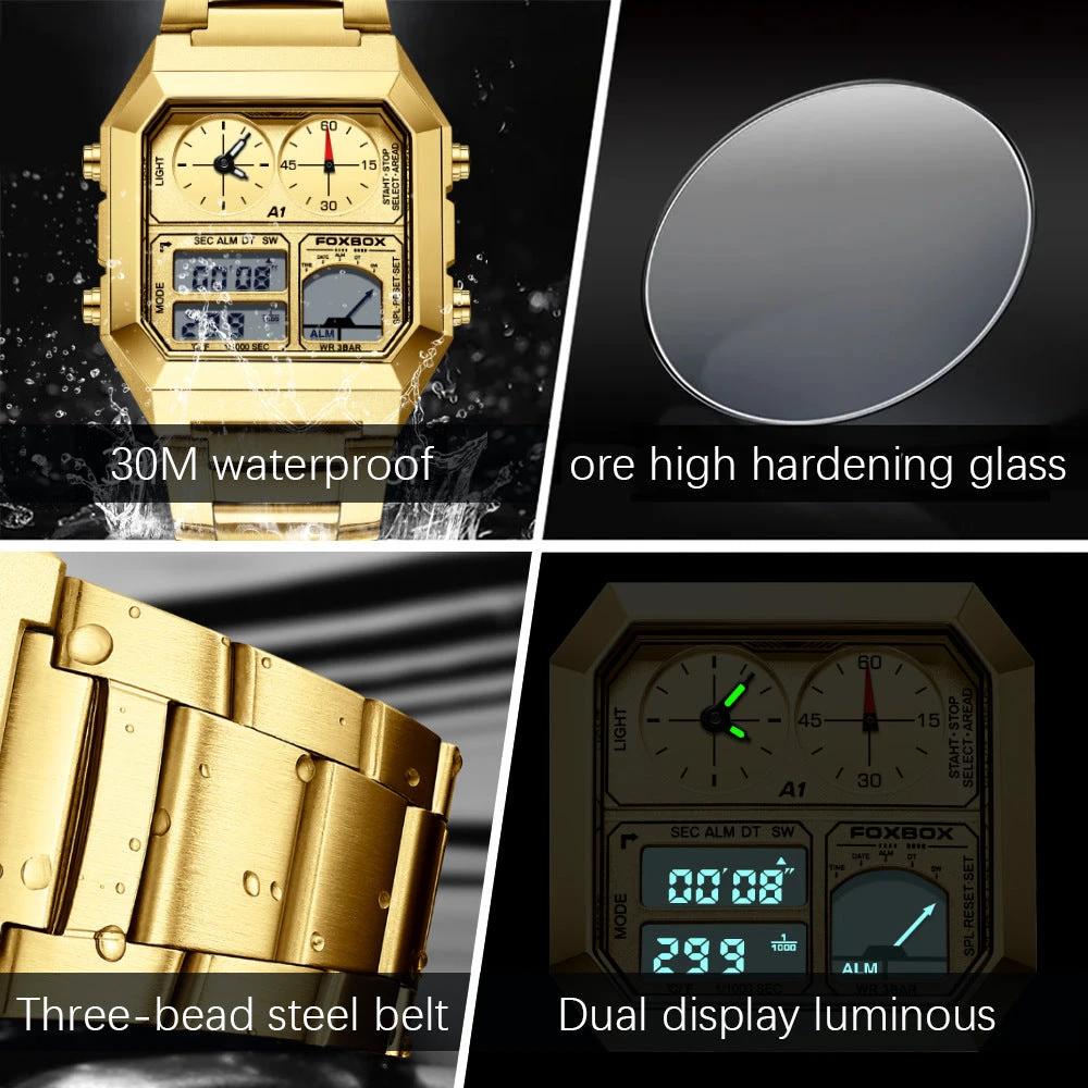 Dual Display Multifunctional Waterproof Alarm Clock Luminous Sports Watch For Men by GJG Denim