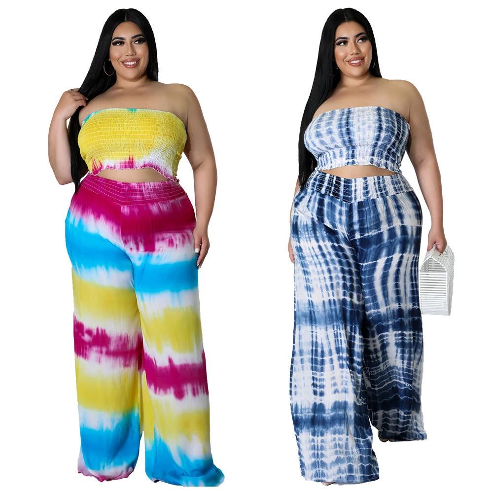 Women's Tie-dye Print Chest-wrapped Backless Plus Size Two-piece Suit by GJG Denim