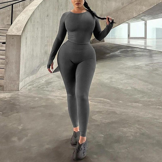 Long Sleeve Round Neck Top Package Hip Skinny Trousers High Elastic Sports Yoga Body-hugging Suit by GJG Denim