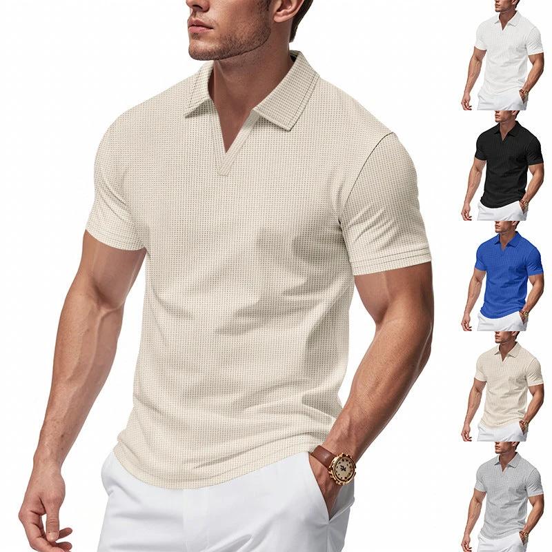 Summer Men's Loose Leisure Sports V-neck Waffle Short Sleeve Lapel Polo Shirt Men by GJG Denim