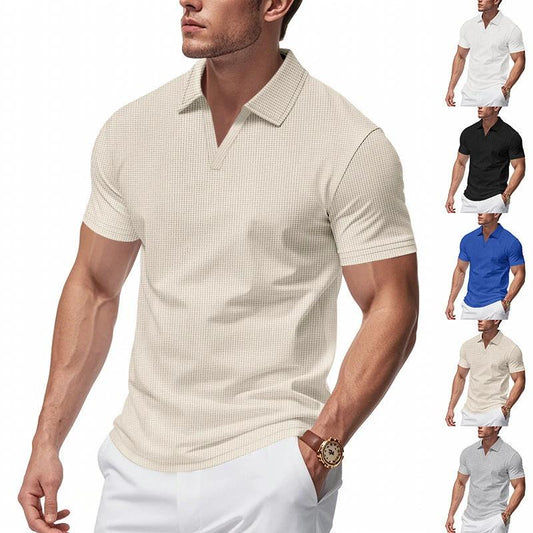 Summer Men's Loose Leisure Sports V-neck Waffle Short Sleeve Lapel Polo Shirt Men by GJG Denim