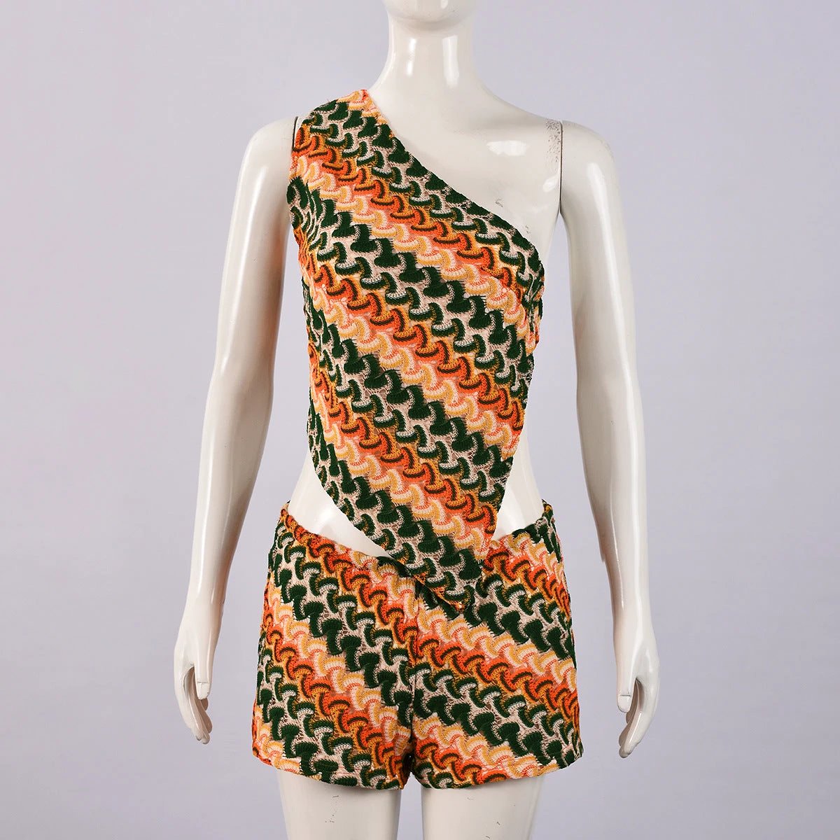 New Arrival Striped Knitted Shorts And Shoulder-Strapped Vest Set by GJG Denim