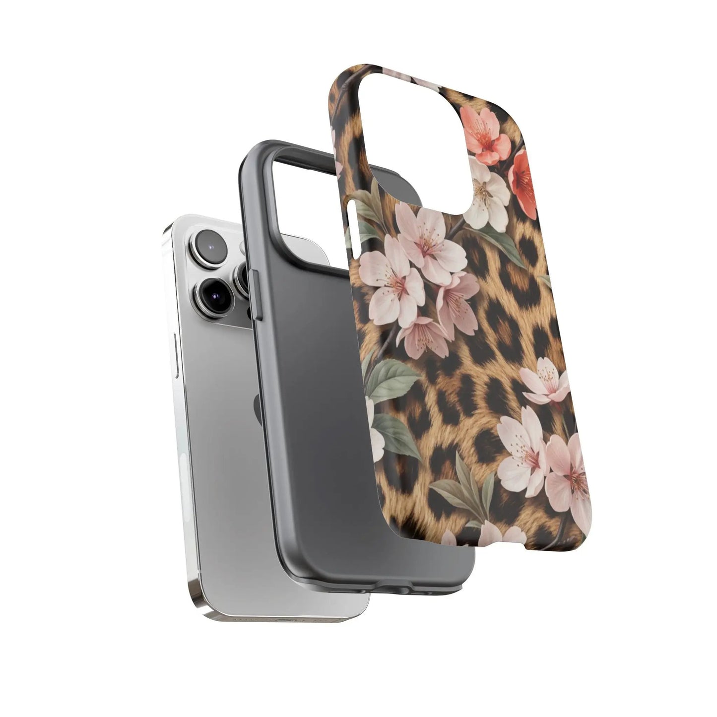 Leopard Floral Tough Case — Protective Phone Case with Pink Cherry Blossoms by Printify