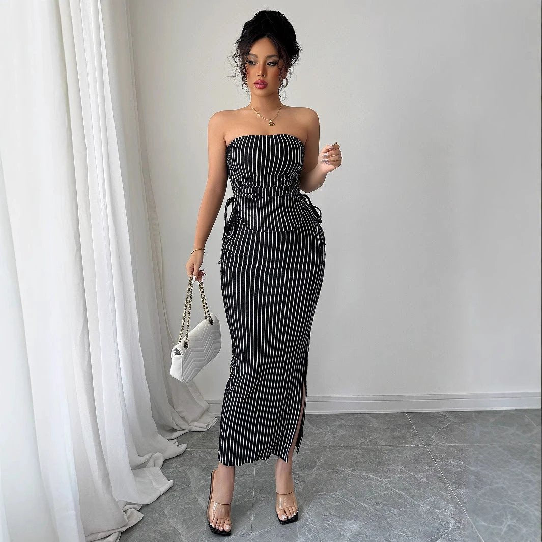 Women's Casual Striped Strapless Tube Top And Sheath Skirt Set by GJG Denim