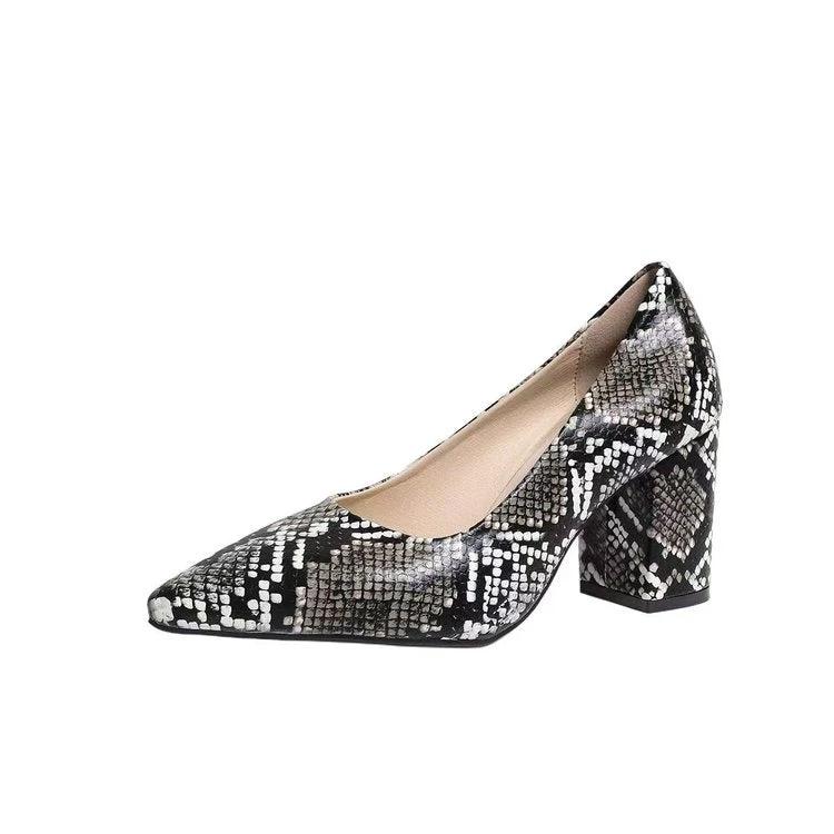 Women's Snake Print Pointed Toe Block Heel Pumps 2026 Spring Summer Elegant High Heels Versatile Office Party Shoes by GJG Denim