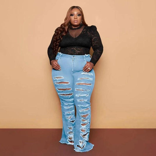 New Washing Trend Large Size Women's Torn Jeans by GJG Denim