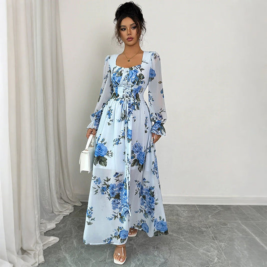 Floral Printed Long Sleeve Dress Women's Clothing by GJG Denim