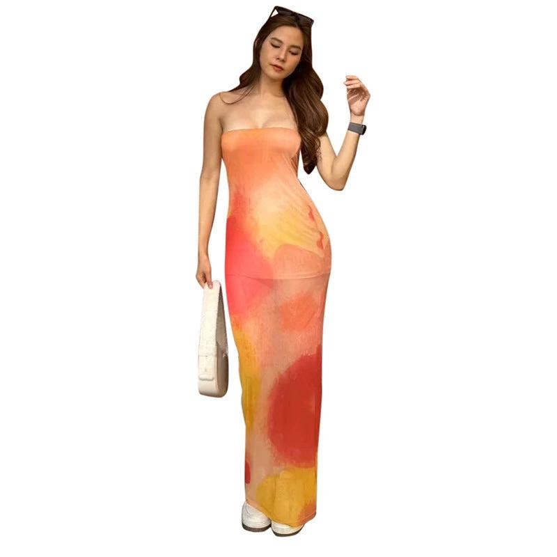 Contrast Color Tube Top Printing Dress by GJG Denim