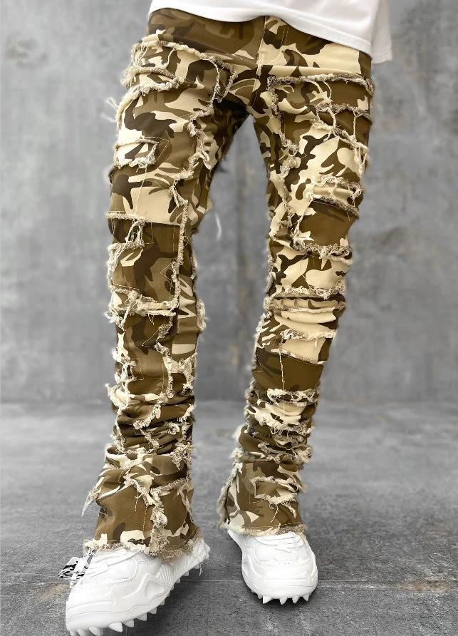 Men's Individual Patched Pants Long Tight Fit Stacked Jeans by GJG Denim