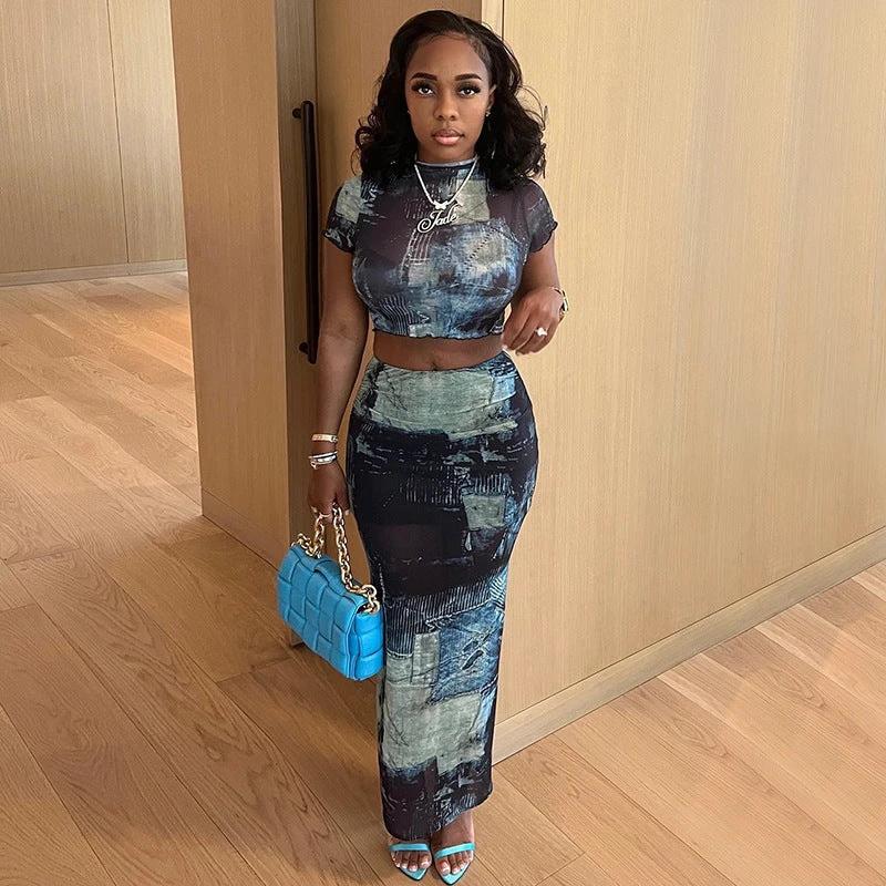 Round Neck Crop Top High Waist Hip Skirt Set by GJG Denim