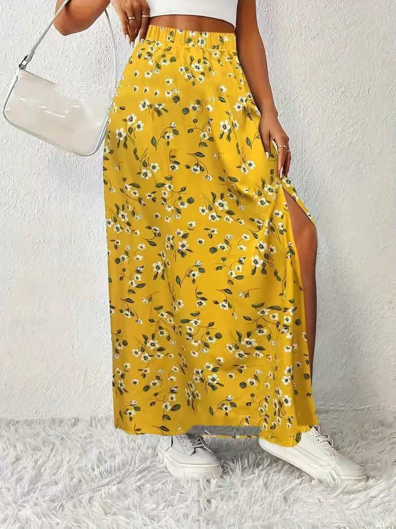 Women's Fashionable With Side-slit Printed Skirt by GJG Denim