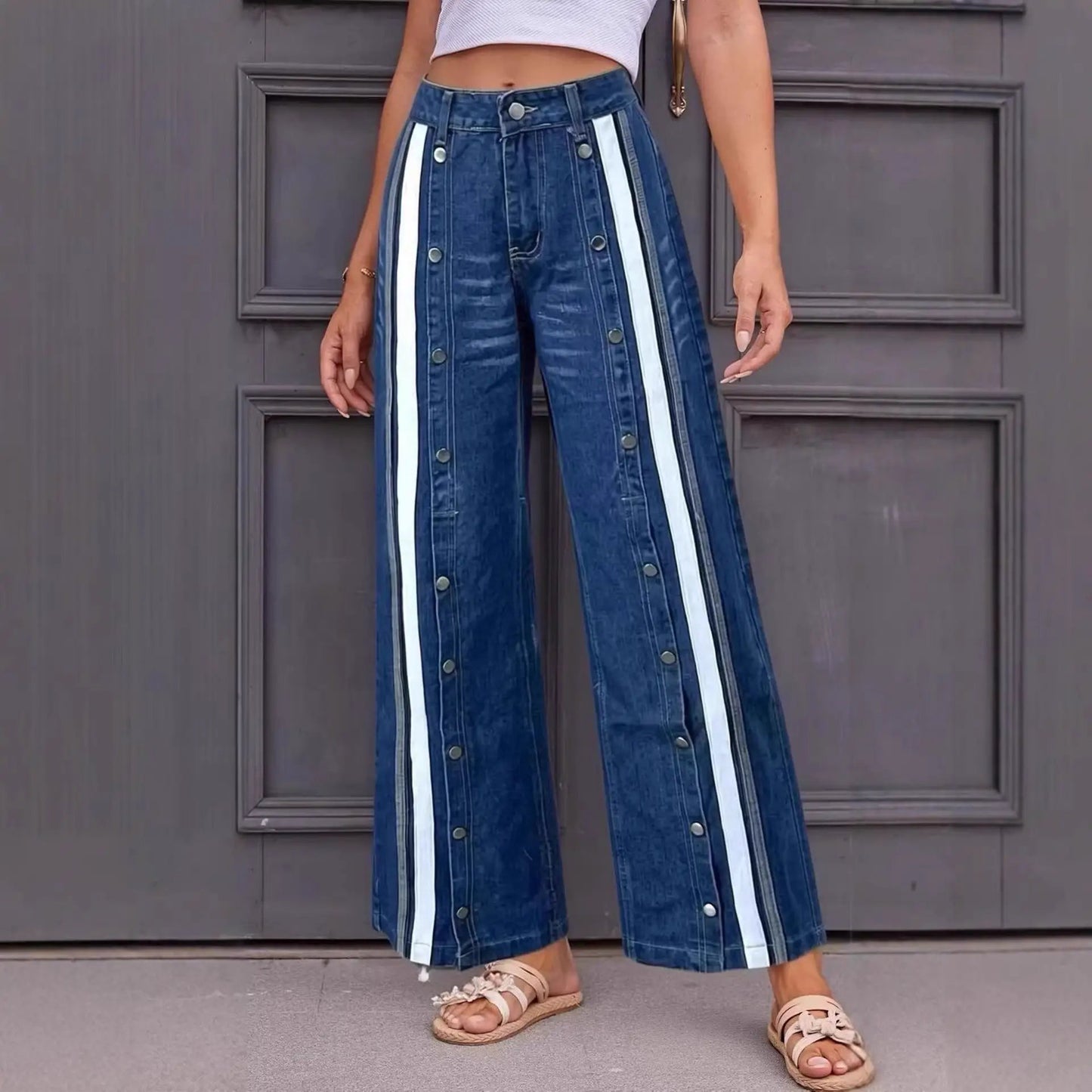 Fashionable Retro Personalized Flared Split Hem Color-Block Wide-Leg Floor-Length Womens Denim Trousers by GJG Denim