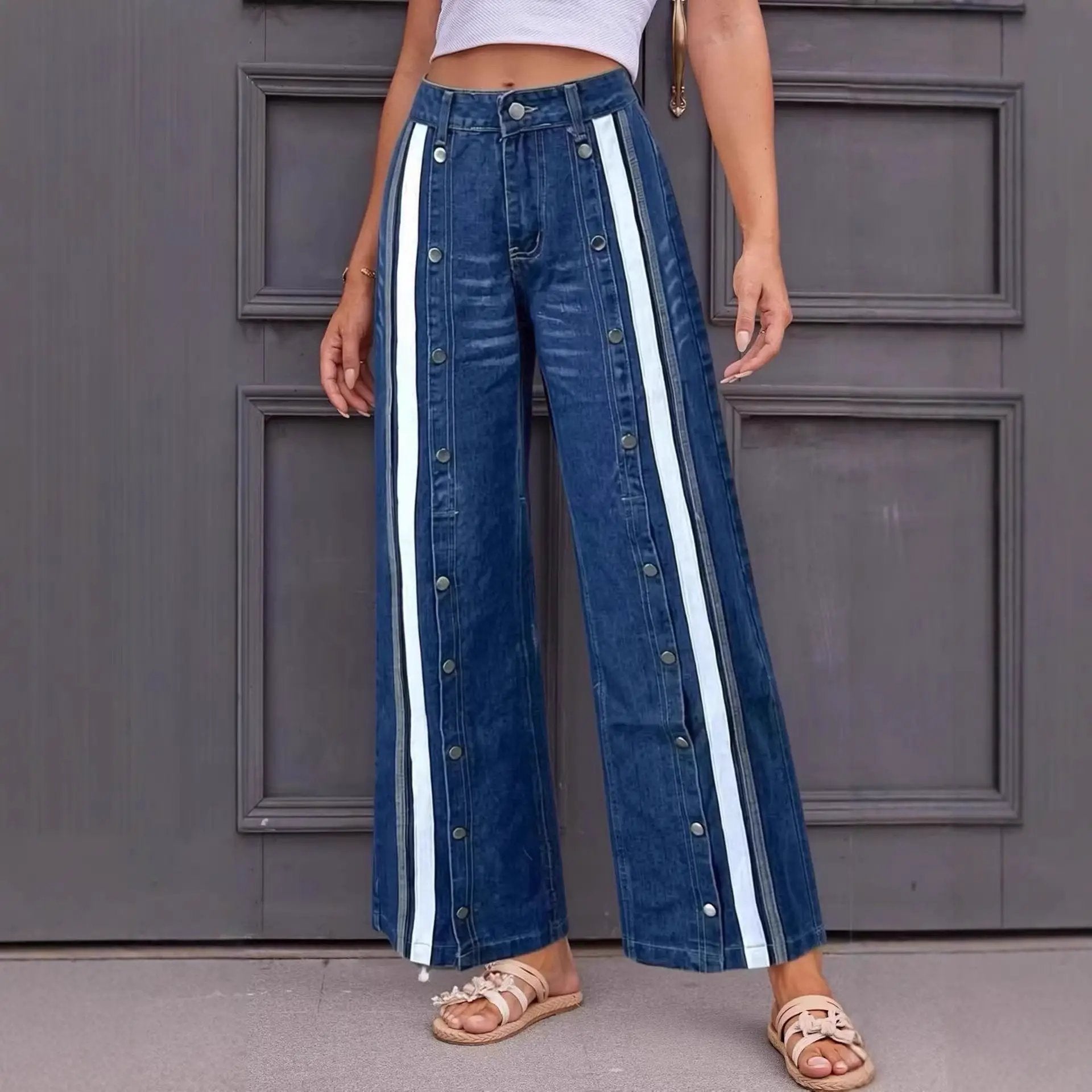 Fashionable Retro Personalized Flared Split Hem Color-Block Wide-Leg Floor-Length Womens Denim Trousers by GJG Denim