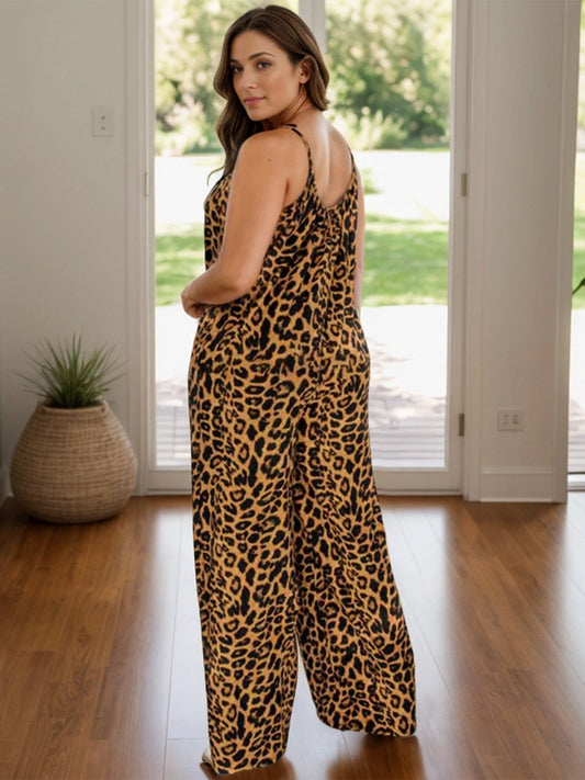 Full Size Leopard Scoop Neck Wide Leg Jumpsuit by Lady Ros