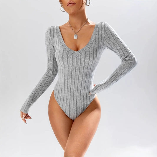 Simple Casual Solid Color Deep V-neck Slim Fit Waist-controlled Long Sleeves Jumpsuit Women by GJG Denim