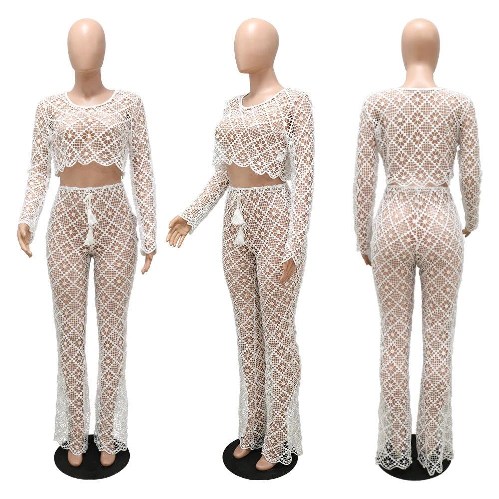 O-neck Short Top Bell-bottom Pants Lace Suit Without Lining by GJG Denim