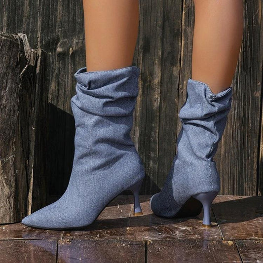 New French Style Retro Denim Pointed Toe Stiletto Heel Ankle Boots For Women, Pleated, Slim & Versatile Fashion Boots by GJG Denim