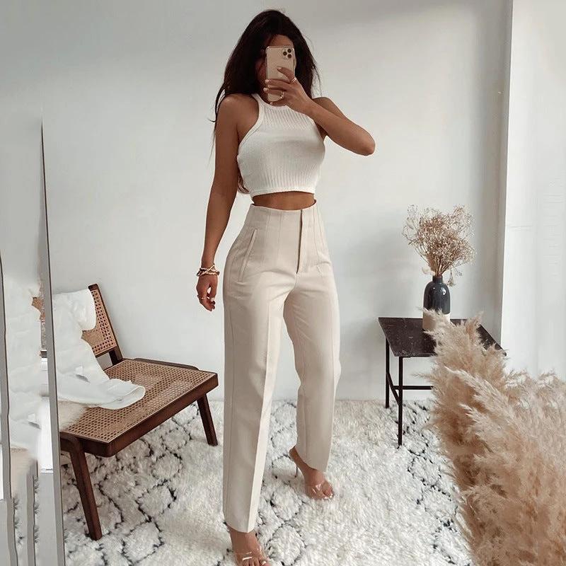 Pleated Casual High Waist Pure Color Slim-fit Basic Pants by GJG Denim
