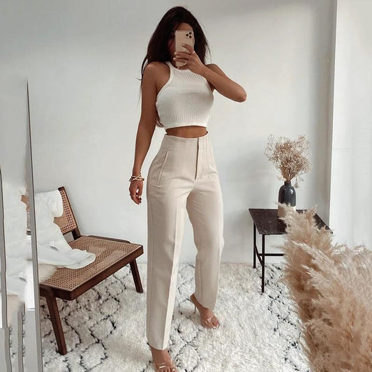 Pleated Casual High Waist Pure Color Slim-fit Basic Pants by GJG Denim
