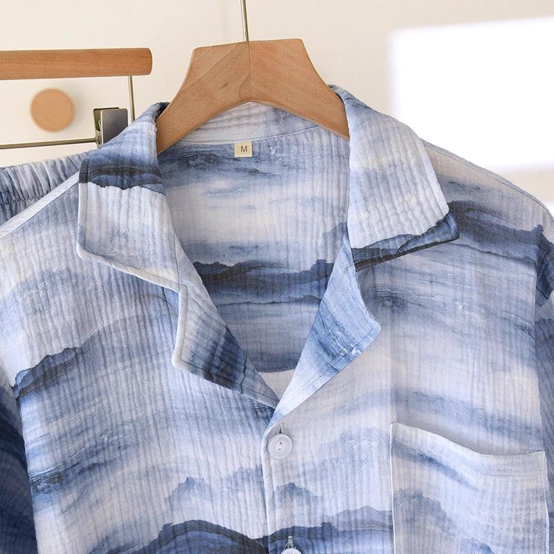 Cotton Double Yarn Crepe Short Sleeve Shorts Men's Pajamas Set by GJG Denim