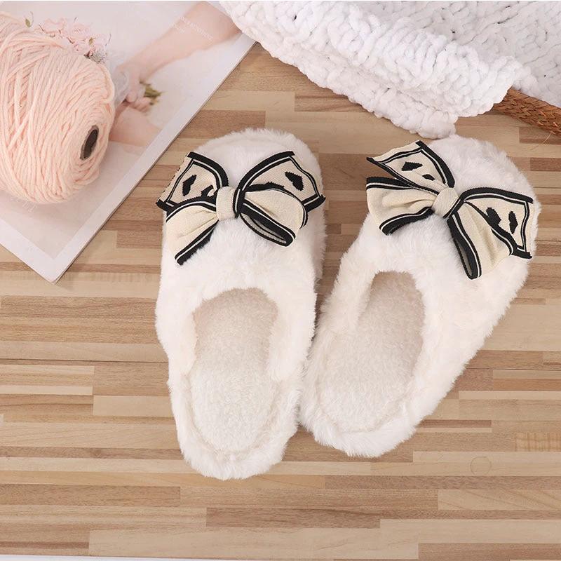 Ins Bow Slippers Home Fashion Warm Non-slip Floor Bedroom Slipper For Women House Shoes by GJG Denim