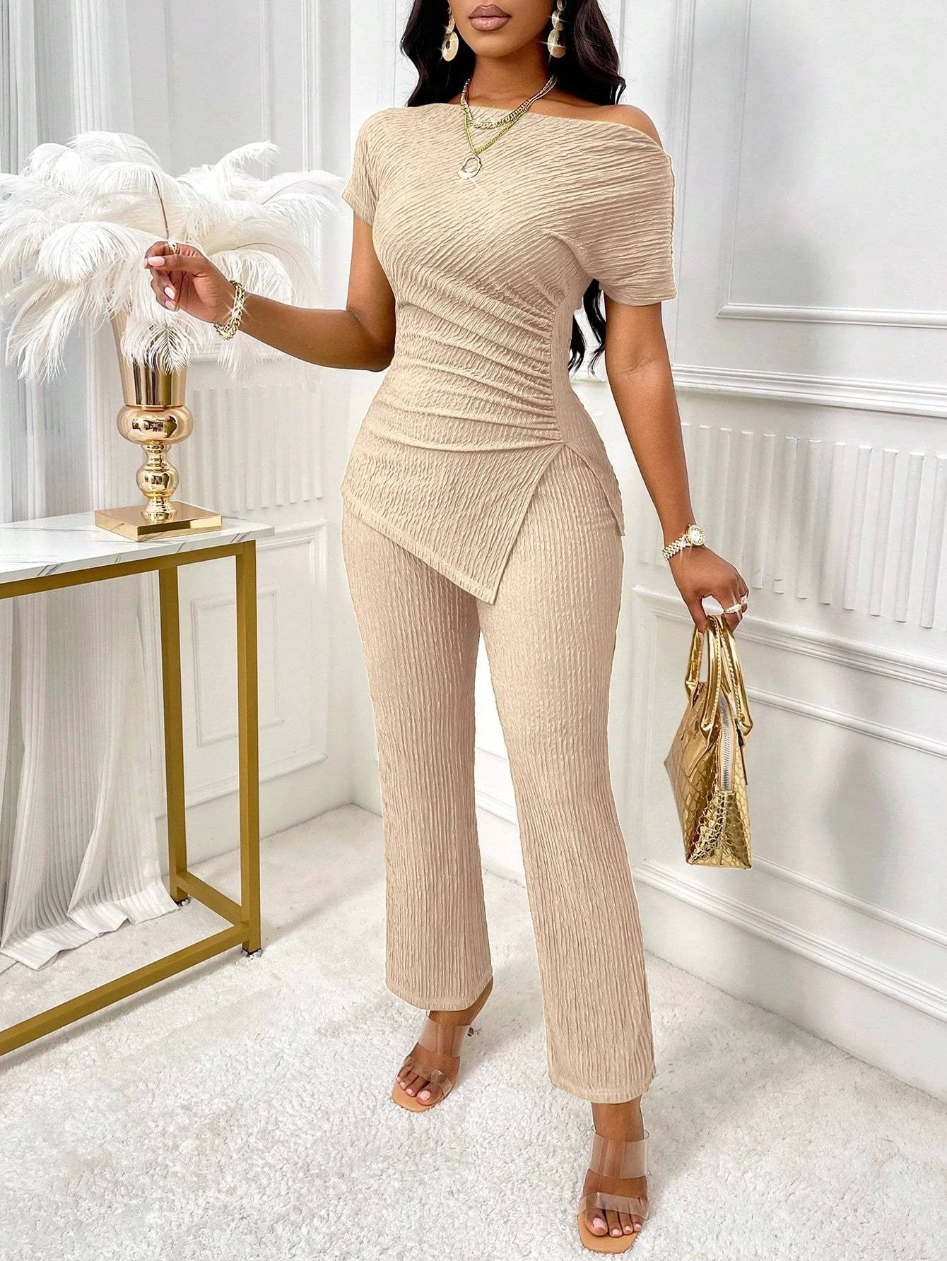Neck Split Hem Ruched Top & Flare Leg Pants by GJG Denim