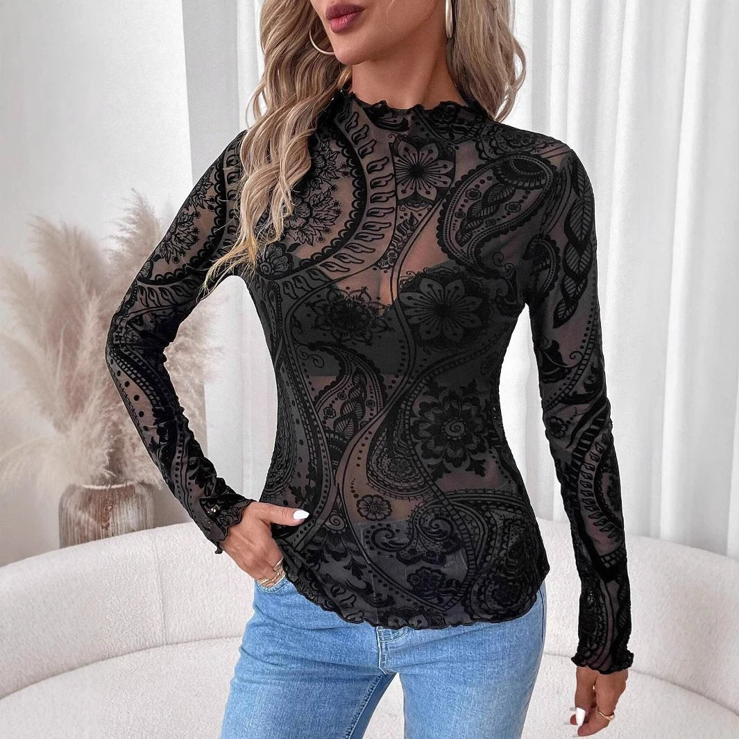 Women Paisley Flocked Printed Mesh Fungus Long Sleeve T-shirt by GJG Denim