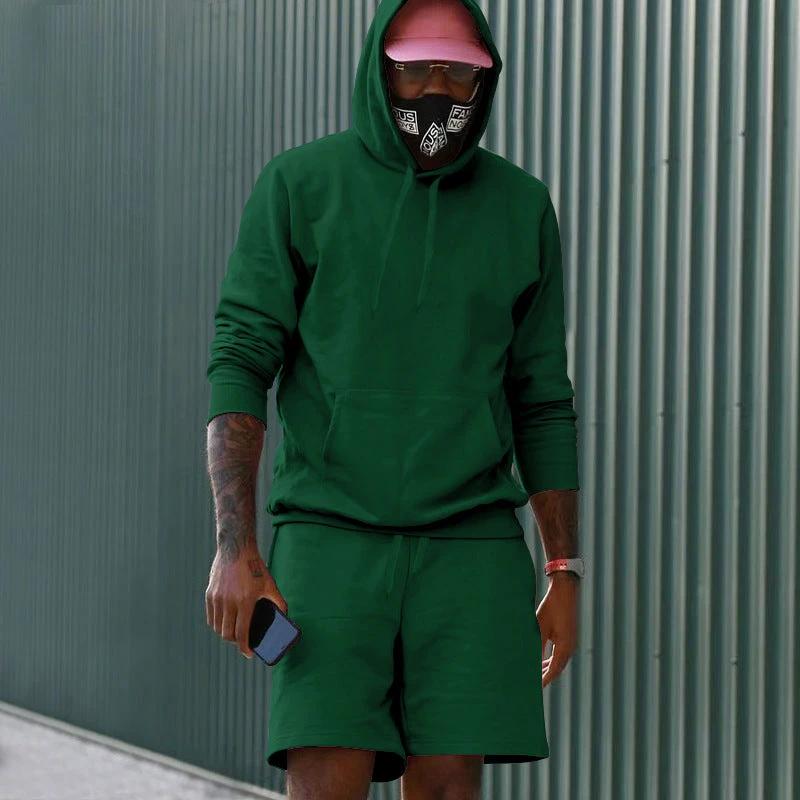 Men's Fleece-Lined Hoodie And Shorts Two-Piece Set by GJG Denim