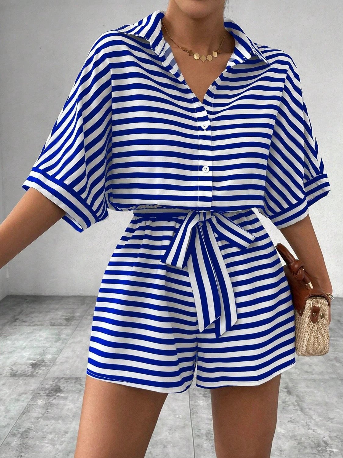 Tie Waist Half Button Striped Romper by VYSN