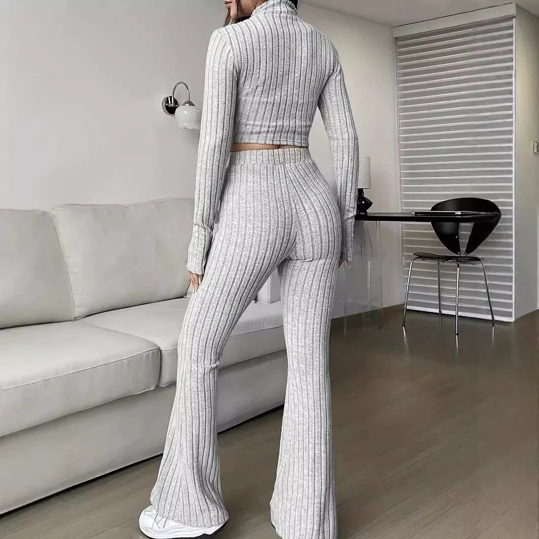 Fashionable Solid-Color Ribbed Two-Piece Set Zip-Up Long-Sleeve Cropped Top And High-Waist Flare Pants Suit by GJG Denim