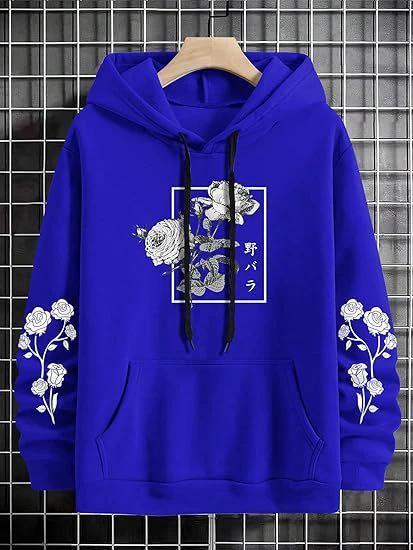 Men's Rose Print Casual Hooded Sweater by GJG Denim