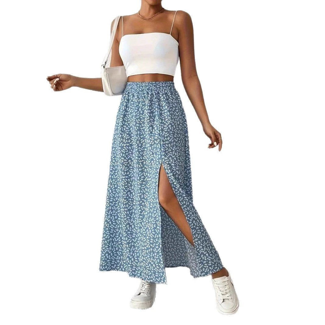 Women's Fashionable With Side-slit Printed Skirt by GJG Denim